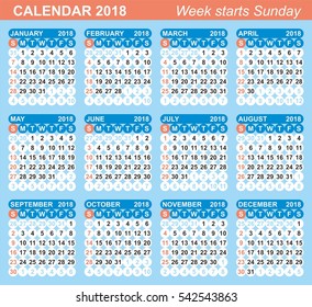 Calendar 2018. Vector template. Numbers in circle. The blue coloring. Week Starts Sunday.