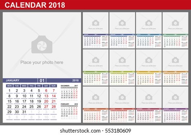 Calendar 2018. Vector Template with Place for Photo. Three months on a single sheet. Week Starts Monday.