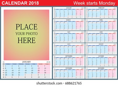 Calendar 2018. Vector Template with Place for Photo. Week Starts Monday. 