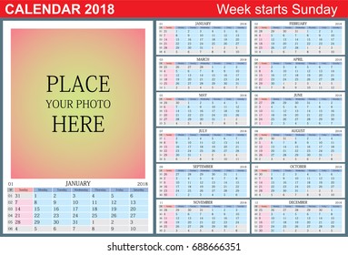 Calendar 2018. Vector Template with Place for Photo. Week Starts Sunday. 
