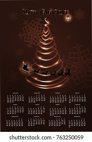 the calendar for 2018. vertical orientation. bard color. Neon tree and silhouette of Santa Claus on reindeer with snowflakes