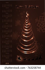 the calendar for 2018. vertical orientation. burgundy color. Neon tree and silhouette of Santa Claus on deer