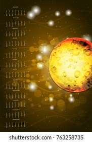 the calendar for 2018. vertical orientation. Golden color. the solar planet. space and craters. twelve months upright