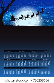 the calendar for 2018. vertical orientation. night and silhouette of Santa Claus against the background of the moon. tree branches silhouette
