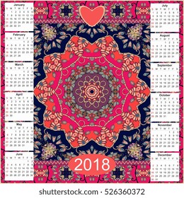 Calendar 2018. Vintage decorative elements. Ornamental floral background. Ethnic motifs. Oriental mandala pattern, Vector illustration