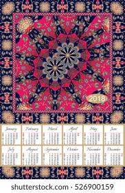 Calendar 2018. Vintage decorative elements. Ornamental floral background. Indian motifs. Oriental double mandala pattern, Vector illustration. Week starts on sunday.