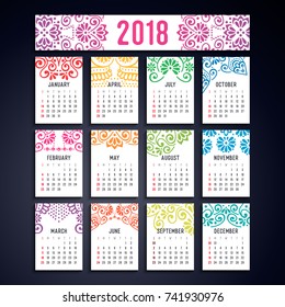 Calendar 2018. Vintage decorative elements. Oriental pattern, vector illustration.