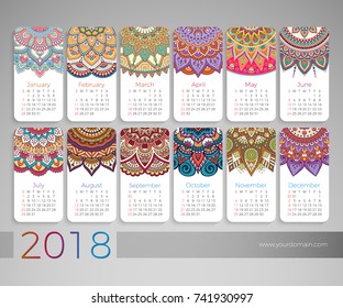 Calendar 2018. Vintage decorative elements. Oriental pattern, vector illustration.