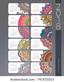 Calendar 2018. Vintage decorative elements. Oriental pattern, vector illustration.