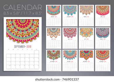 Calendar 2018. Vintage decorative elements. Oriental pattern, vector illustration.
