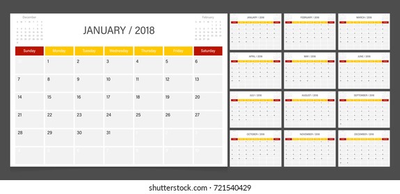Calendar 2018 week start on Sunday corporate design planner template.