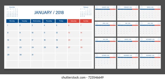 Calendar 2018 week start on Monday corporate design planner template.