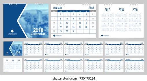 El calendario 2018 semana comienza el domingo corporativo diseño lujoso diseño azul y gris de la plantilla de diseño de color vectorial.