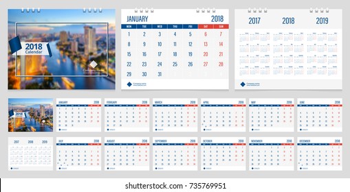 Calendar 2018 week start on Monday corporate business luxury design layout template with blue ribbon and white line frame vector. Sample image with Gradient Mesh.