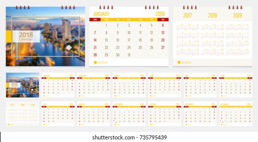 Calendário 2018 semana início no domingo projeto de negócios de luxo vetor modelo de layout de layout. Imagem de amostra com malha de gradiente.