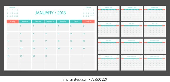 Calendario 2018 semana de inicio en la plantilla de planificación del diseño corporativo del domingo.