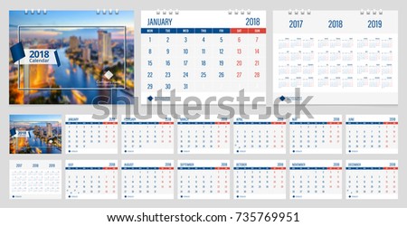 Calendar 2018 week start on Monday corporate business luxury design layout template with blue ribbon and white line frame vector. Sample image with Gradient Mesh.