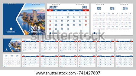 Calendar 2018 week start on Sunday corporate business luxury design blue and red color layout template vector.
