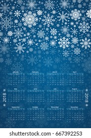 Calendar for 2018, week starts Monday. Vector A4, A3 sizes template snow snowflakes design