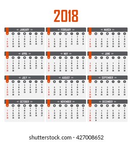 Calendar for 2018. Week starts on Sunday. 