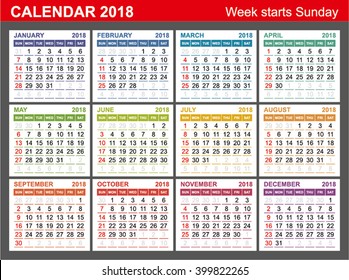 Calendar 2018 Week Starts Sunday Seasons Stock Vector (Royalty Free ...