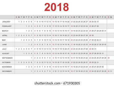 Calendar 2018. Week starts from sunday. Vector illustration.