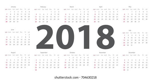 Calendar 2018. Week starts from Sunday. Vector Illustration EPS10
