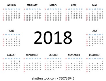 Calendar 2018. Week starts from Sunday. Vector illustration