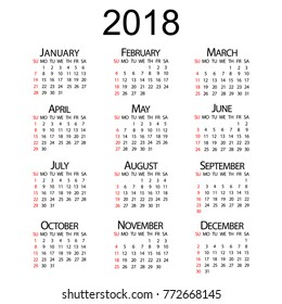 Calendar 2018. Weeks start with Sunday