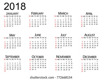 Calendar 2018. Weeks start with Sunday