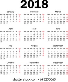 Calendar 2018. Weeks starts from Monday
