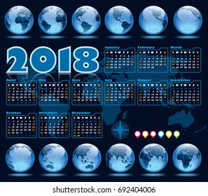 Calendar for 2018, weeks starts on Sunday and set of globes showing Earth with all continents. 