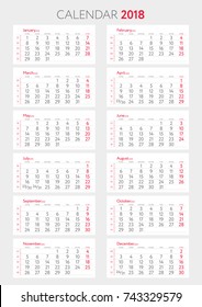 Calendar 2018 with weeks template. Starts on monday