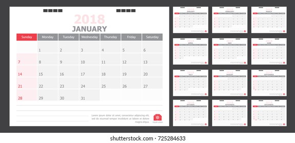 Calendar for 2018 White and red background