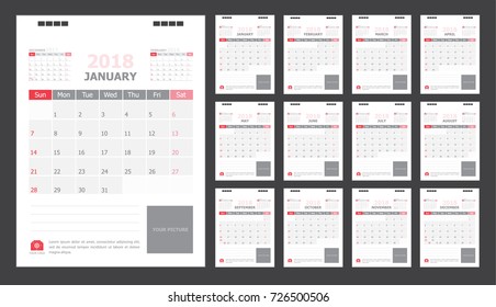 Calendar for 2018 White and red background