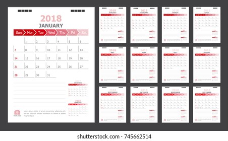 Calendar for 2018 White and red background