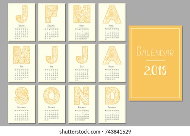 Calendar for 2018 for the whole year with patterned letters.