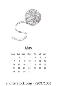 Calendar 2018 with yarn in hand drawn style. For print, decor and creative design. Vector illustration