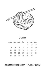 Calendar 2018 with yarn in hand drawn style. For print, decor and creative design. Vector illustration