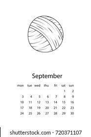 Calendar 2018 with yarn in hand drawn style. For print, decor and creative design. Vector illustration