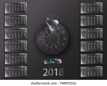 Calendar for 2018 year. Astrological calendar on a gray background. Calendar and signs of the zodiac.