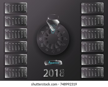 Calendar for 2018 year. Astrological calendar on a gray background. Calendar and signs of the zodiac.