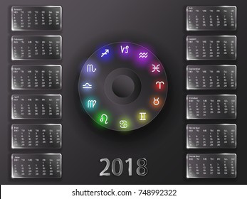 Calendar for 2018 year. Astrological calendar on a gray background. Calendar and signs of the zodiac.