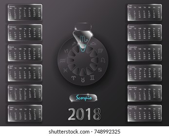 Calendar for 2018 year. Astrological calendar on a gray background. Calendar and signs of the zodiac.