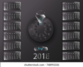 Calendar for 2018 year. Astrological calendar on a gray background. Calendar and signs of the zodiac.