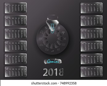 Calendar for 2018 year. Astrological calendar on a gray background. Calendar and signs of the zodiac.