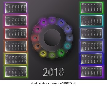 Calendar for 2018 year. Astrological calendar on a gray background. Calendar and signs of the zodiac.
