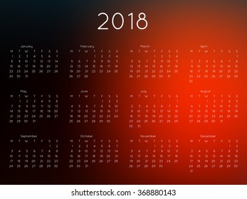 Calendar 2018 year with blurred background. Week starts from monday