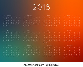 Calendar 2018 year with blurred background. Week starts from monday