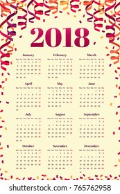 Calendar for 2018 year with colorful paper streamers and confetti. Week starts from Monday. Retro vector illustration 